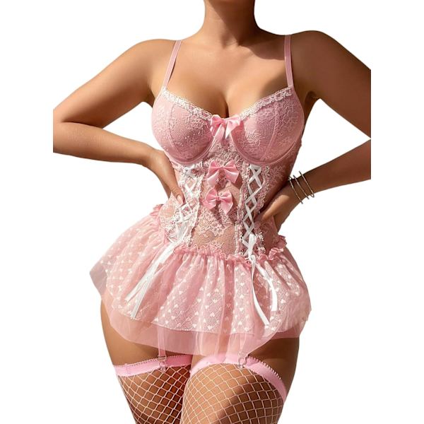 2025 Senaste Modell Sexig Strumpa Korsett Babydoll Mesh Transparent Snörning Volang Bygel Livstycke Underkläder med Stringtrosa Set 3 Delar Svart Röd X