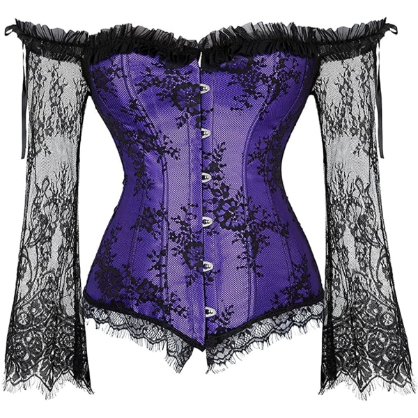 Korsetttoppar för kvinnor med ärmar, Bustier Overbust Lace Purple1 2XL