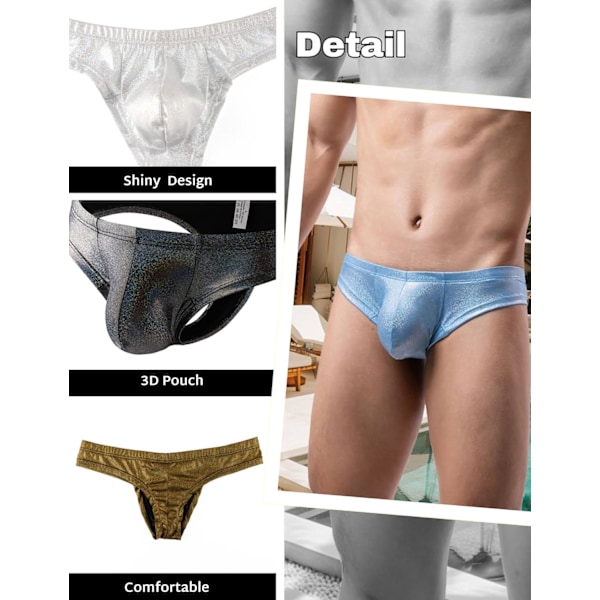 2025 Senaste Modell Herr Trosor Sexiga Låg Midja Glänsande Underkläder 3D-påse Jockstrap T-Back G-String Bikini Kalsonger Bekväma Trosor för Män  Himmelsblå