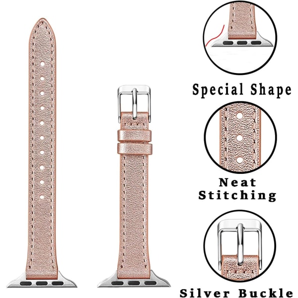 Smala läderband som är kompatibla med Apple Watch Band 38 mm Rose Gold with Silver 38mm/40mm/41mm