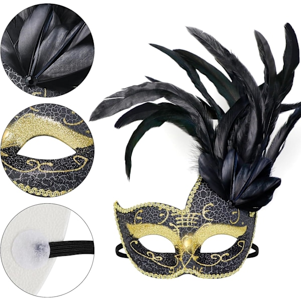 2025 Senaste Modell Fjäder Maskeradmask, Venetiansk Kostym Julmask. Svart