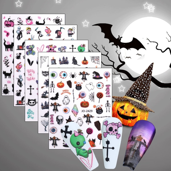 5 ark Halloween Nail Art Sticker, 3D självhäftande nageldekaler Art