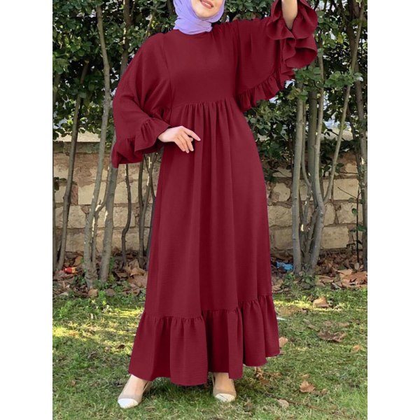 Muslimsk klänning, casual volangärmar, rund hals wine red 2XL
