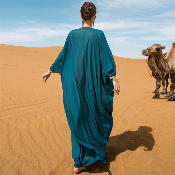 Lös muslimsk klänning i guldväv lake blue L
