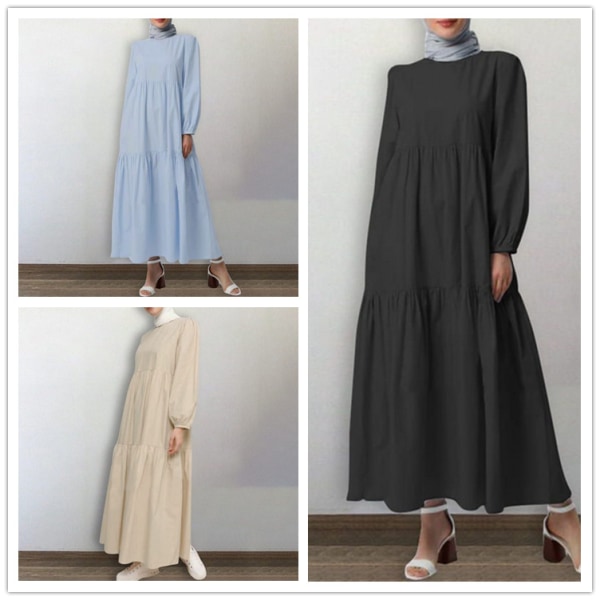 Muslim enkel lång klänning, enfärgad, rund hals, lång ärm black M