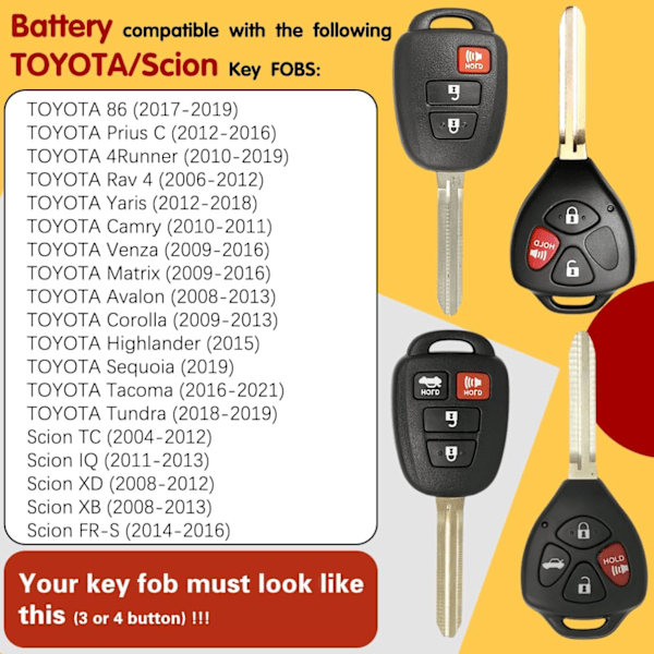 CR2016 Fjärrkontrollsbatteri OEM Ersättning för Toyota Fjärrkontroll passar Nyckelfodral Skal Prox 2013-2021 Camry Corolla Highlander Prius