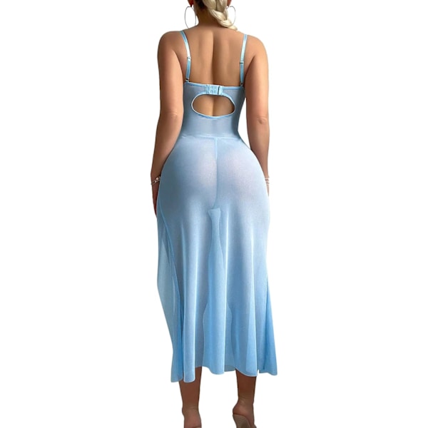 2025 Senaste Modell Sexig Fjäril Delad Ben Underbygel Transparent Mesh Maxi Underklänning med Stringtrosa 2-Dels Set Underbygel Ljusblå XX-Small