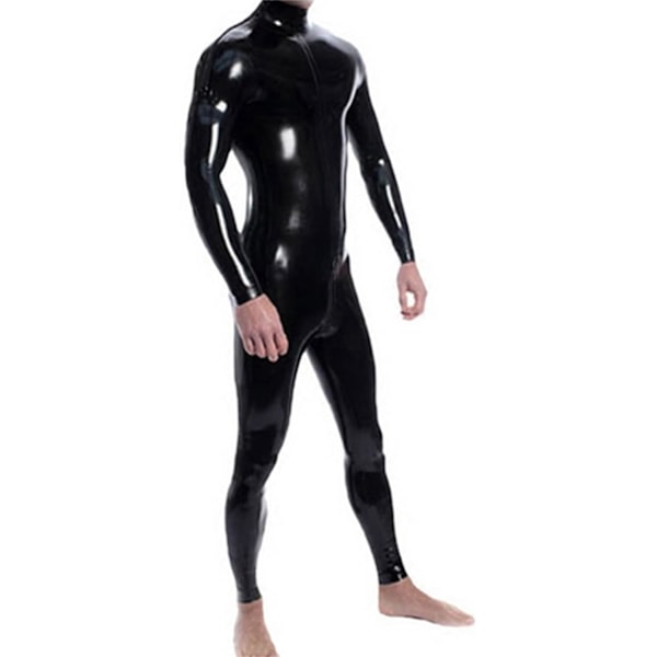 2025 Senaste Modellen Halsingång Svart Latex Catsuit Axel- och Grenblixtlås för Män Gummi Bodysuit Jumpsuit Medium