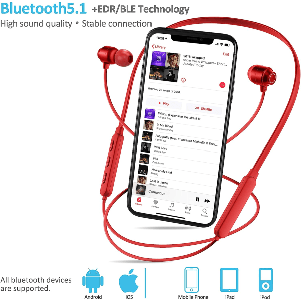 Bluetooth-hörlurar V5.1 med magnetisk nackband