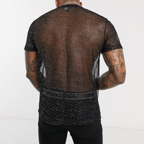 2025 Senaste Modell Herr Sexig Glitter Skjorta Topp Genomskinlig Spets Kortärmad T-shirt Ren Mesh Undertröjor för att Visa Muskler Svart Lar