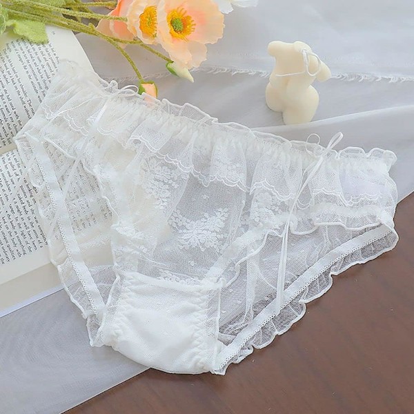 2025 Senaste Modell Lolita Sexiga Trosor Kvinnor Söta Spetsblommor Rosett Transparent Sömlöst Underkläder Volangkant Mesh Bomull Cr