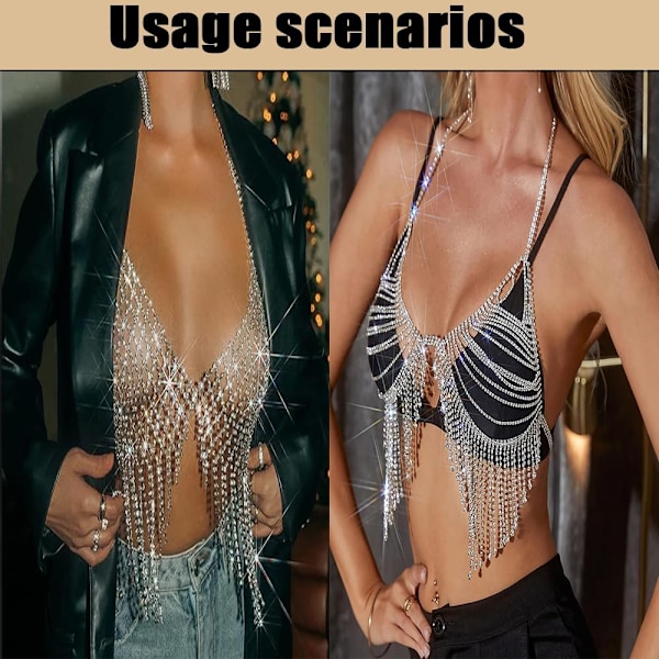 2025 Senaste Modell Tofs Strass Bröstkedja BH Kroppssmycken för Kvinnor Silver Bikini BH Kroppskedjor Underkläder Party