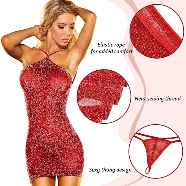2025 Senaste Modell Damen Sexiga Negligéer Miniklänning Halterneck Transparent Erotiska Underkläder med G-String Åtsittande Underklädesset Glänsande