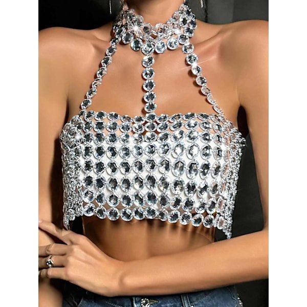 2025 Senaste Modell Kristall BH Kedja Topp Silver Rhinestones Halter Bröstkedjor Strand Bikini Toppar Kroppssmycken för Kvinnor