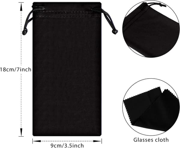 12 stk. mikrofiber solbrillepose bløde brilleetuier brilleærmer med 2 pudseklude og snøre (sort, grå og blå)