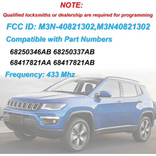 Smart Nyckel Fob Ersättning Passar Jeep Compass 2017 2018 2019 2020 2021 2022 2023 Bil Nyckellös Ingång Fjärrkontroll FCC ID:M3N-40821302 Par