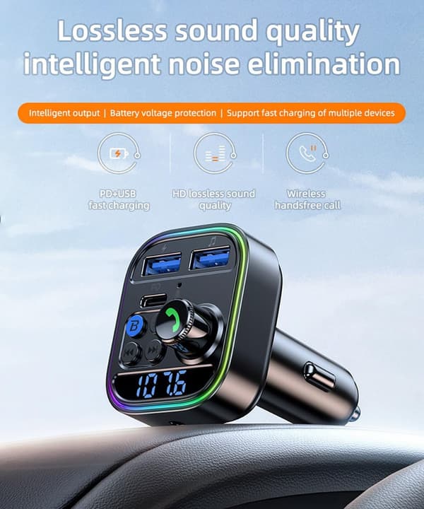 Bluetooth 5.3 biladapter, PD30W superrask ladetransmitter for bil, Bluetooth/U-diskavspilling, håndfri samtale, AUX-adapter