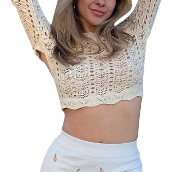 2025 Senaste Modell Dam Y2K Utskuren Topp Långärmad Virkad Stickad Crop Top Sexig Genomskinlig Fisknätstopp