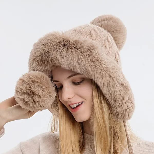 Vintervarm stickad mössa med pälsmuddar, tjock fleece, blå, 56-58cm, grå.