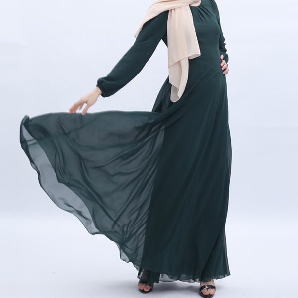 Muslimska kvinnors sommar chiffong långärmad klänning i ren färg blackish green 2XL