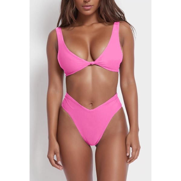 Bikini Set för Kvinnor Enfärgad V-ringad Knuten Framtill Push Up Hög Benskärning Tanga Tvådelad Baddräkt Ljusrosa X-Large