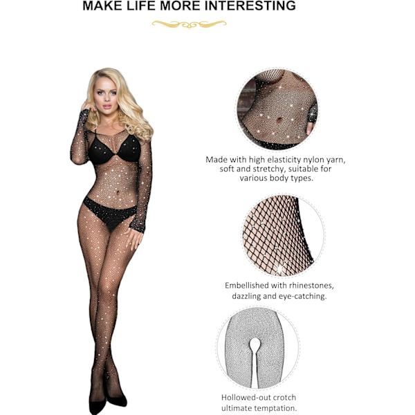 2025 Senaste Modell Dam Strass Fisknätsstrumpa Mesh Glittrig Långärmad Hel Jumpsuit Plus Size Sexiga Underkläder Mjuk Svart