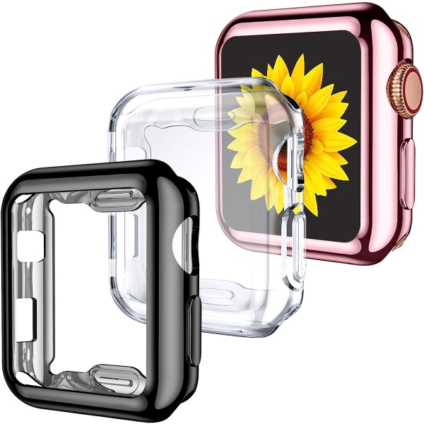 3-pack kompatibel med Apple Watch case 42 mm, mjuk HD hög känslighet Clear/Black/Rose Pink 42mm