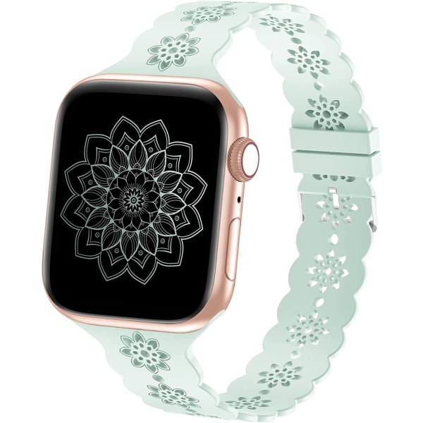 Blommigt silikonband kompatibelt med Apple Watch-band 38 mm Light Green 42mm/44mm/45mm/49mm