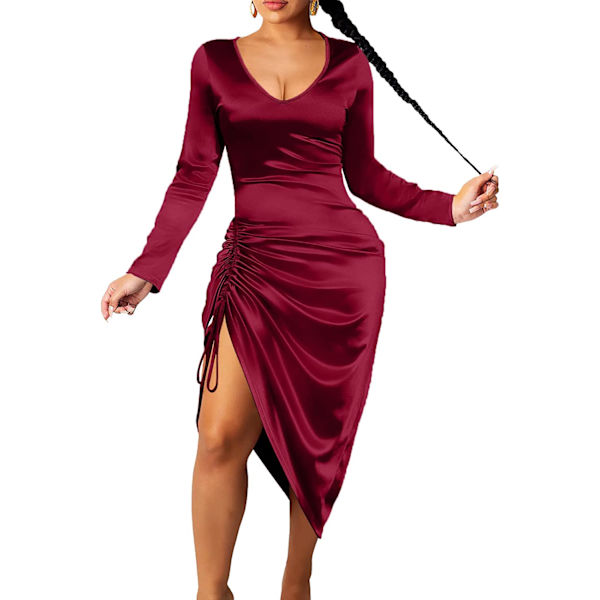 2025 Senaste Modell Dam Rynkad Satinklänning Sexig V-ringning Långärmad Dragsko Delad Bodycon Cocktail