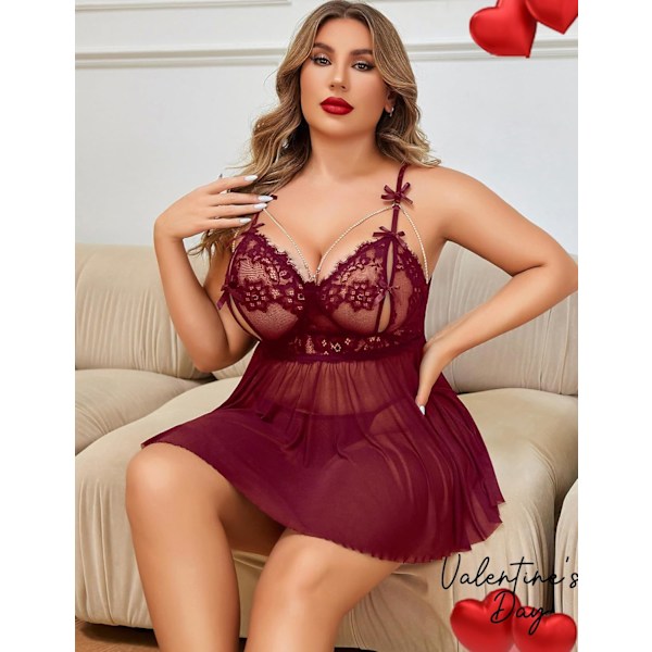 2025 Senaste Modell Stora Storlekar Underkläder Dam Spets Babydoll Sexig Chemise Nattkläder V-ringad Nattlinne Mesh Nattkläder Nattlinne L-5XL Vinröd