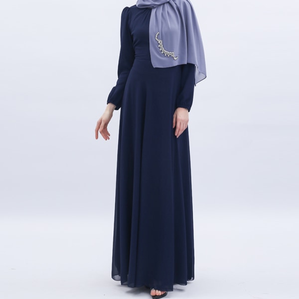 Muslimska kvinnors sommar chiffong långärmad klänning i ren färg dark blue XL