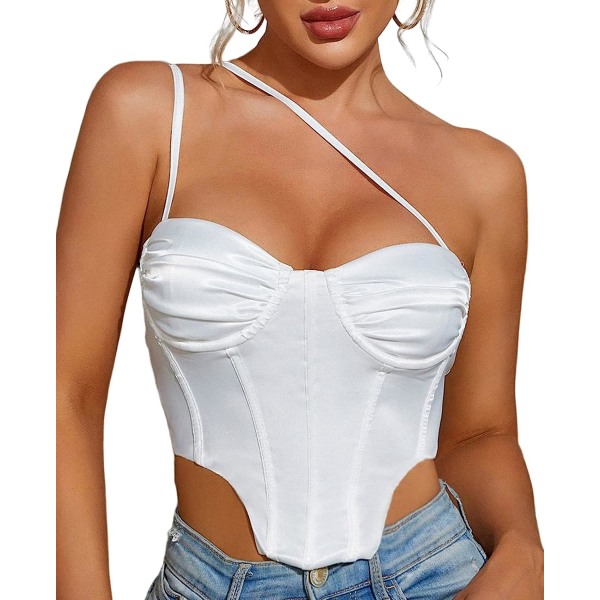 Satin Corset Top Backless Bustier Zip Back Sexy One White S