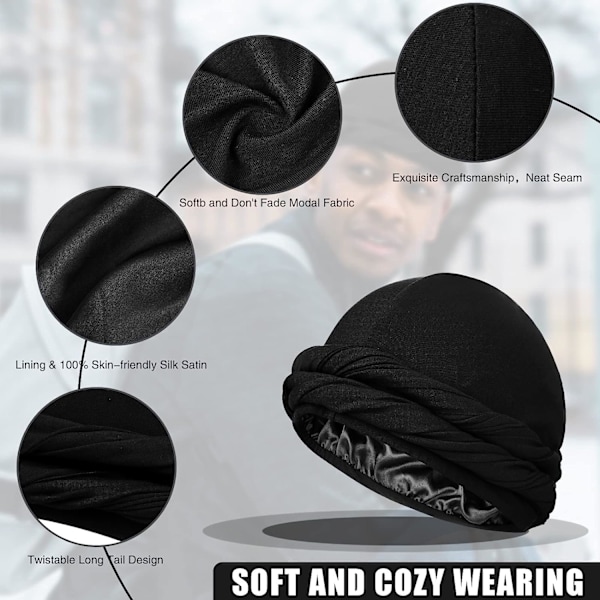 Turban i siden och satin för män och kvinnor - Dubbellager Black