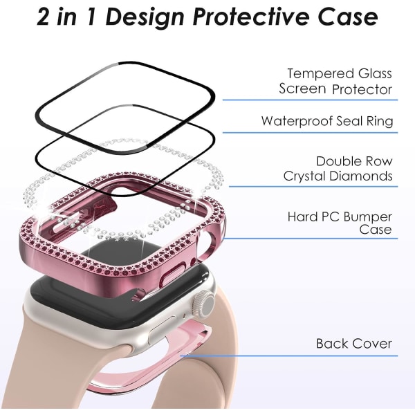 2-i-1 Bling Vattentätt Fodral för iWatch Serie 8 Pink(Waterproof Double Diamonds 41mm