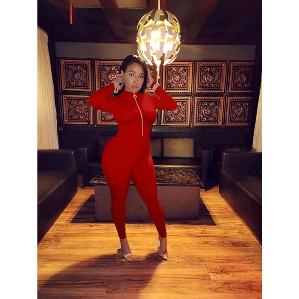 2025 Senaste Modell Dam Sexig Bodycon Enfärgad Långärmad Hög Midja Jumpsuit med Dragkedja