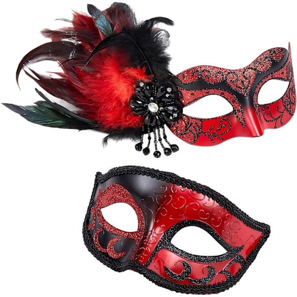 2025 Senaste Modell 2024 Ny Maskeradmask med Fjäder för Par - Maskeradmask för Kvinnor med Fjäder & Venetiansk Kostym för Män
