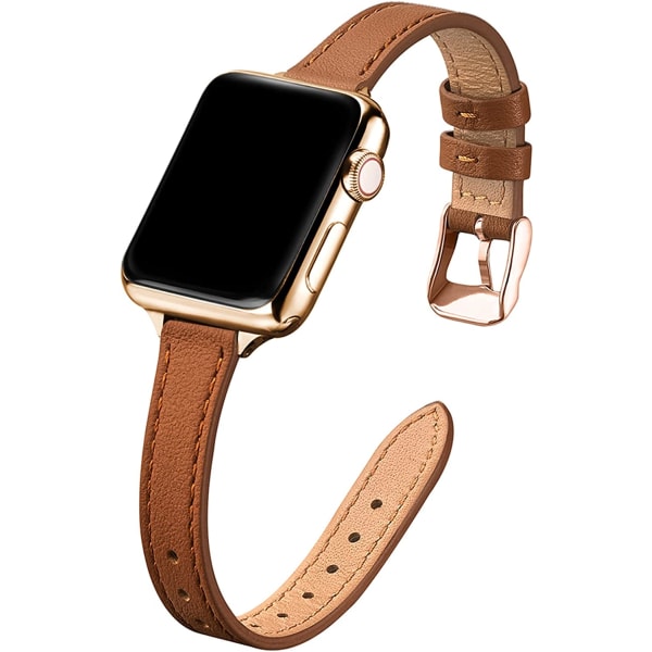 Smala läderband som är kompatibla med Apple Watch Band 38 mm Brown with Gold 42mm/44mm/45mm/49mm