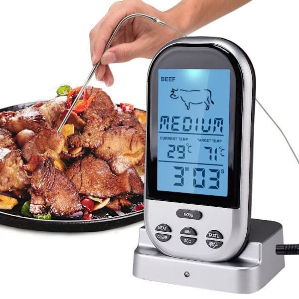 Trådlös digital ugnstermometer, köttgrillmatssond med timerlarmfunktion, ny silverfärgad.