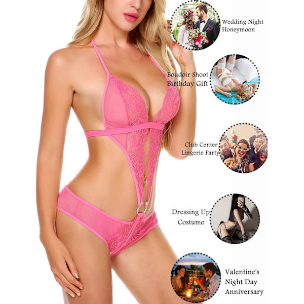 2025 Senaste Modell Dam Djup V Underkläder Spets Teddy One Piece Babydoll Mini Bodysuit Rosröd Stor