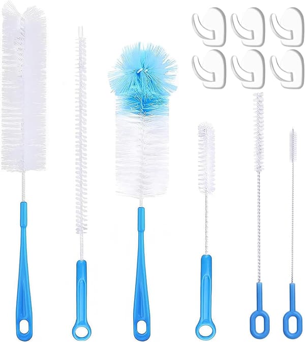 6 x puhdistusharjasarja, pullon sisäpuhdistus, 6 koukulla, pilliharja, puhdistusharja pulloille, kupeille, termoksille, pilleille ja teekannuille