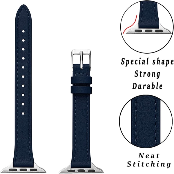 Smala läderband som är kompatibla med Apple Watch Band 38 mm Navy with Silver 38mm/40mm/41mm