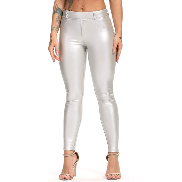 2025 Senaste Modell Dam Faux Läder Leggings Byxor PU Elastisk Formande Höft Push Up Svart Sexig Stretchig Hög S-2XL
