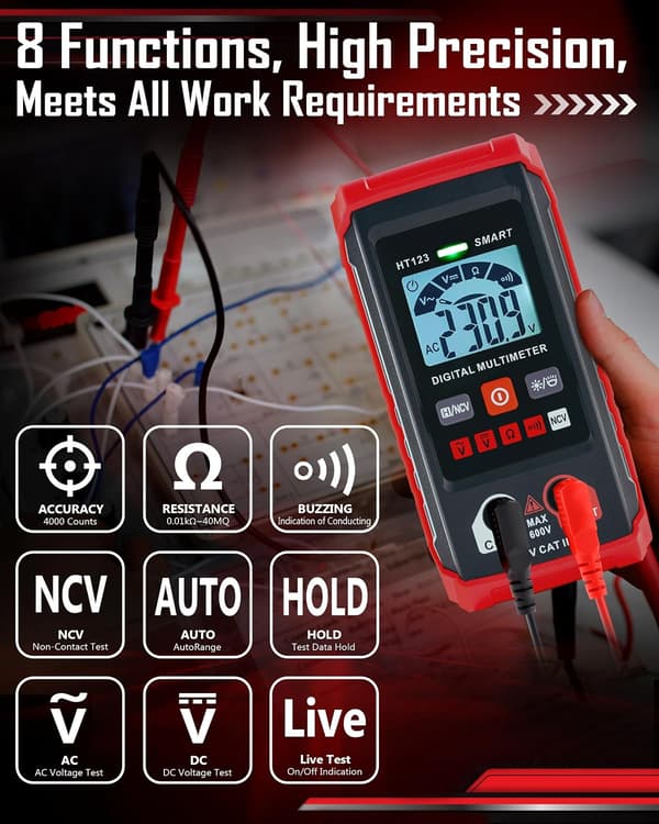 2025 Seneste Model Auto Range Digital Multimeter med DC AC Voltmeter og Ohm Volt Amp Meter, 4000 Tællinger Auto Voltmeter med Berøringsfri V