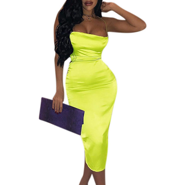 2025 Senaste Modell Dam Neon Satin Sexig Bodycon Elegant Rygglös Lång Midiklänning för Cocktailparty S-3XL
