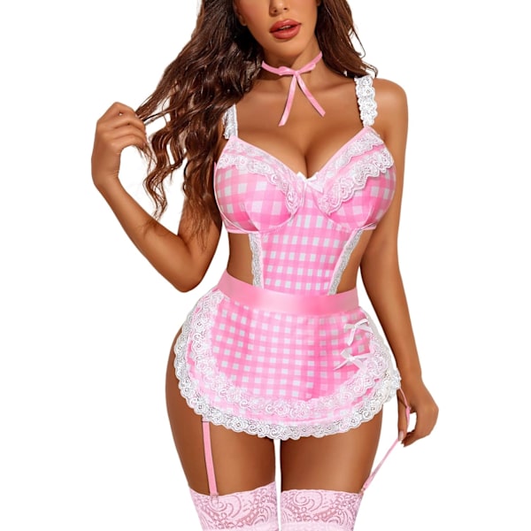 2025 Senaste Modell Damunderklädesset Spets V-ringad Teddy Babydoll 3-pack Underklädesdräkter Sovkläder Klänning S-XXL Rosa Rutig Small
