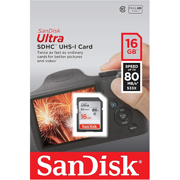 2025 Senaste Modell Ultra 16GB Klass 10 SDHC UHS-I Minneskort upp till 80MB/s (SDSDUNC-016G-GN6IN) 16GB