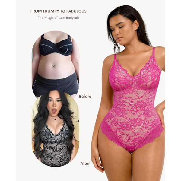 2025 Senaste Modell  Shapewear Bodysuits för Kvinnor Spets Shapewear Tummy Control V-Ringad Ärmlös Bodysuit Toppar Jumpsuit  Rosa   Med