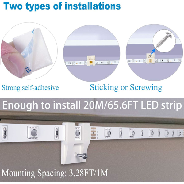 LED-remsclips - Självhäftande monteringsfästen för LED-remsor, 20-pack