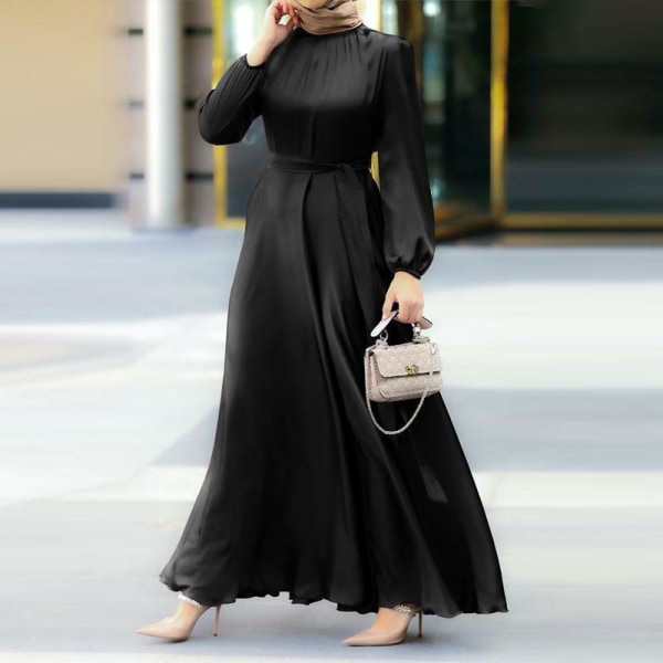 Muslim Daily Leisure Klänning med rund krage med långt bälte black 2XL
