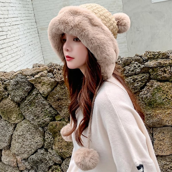 Vinter PomPom Mössor för Kvinnor Fluffig Stickad Dam Mössa Fuskpäls Virkad Skull Cap Varm Bucket